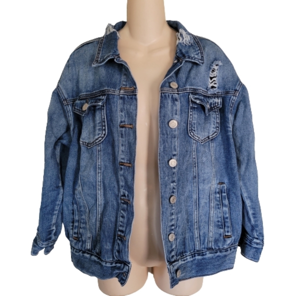 Refuge Distressed Medium Wash Trucker Denim Jean Jacket Size Women's Medium